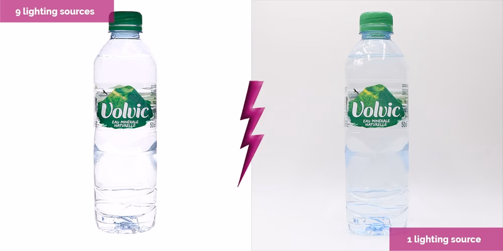 technique photo packshot bouteille transparente avec éclairages différents